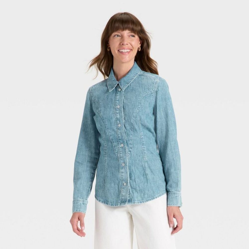 Women's Denim Western Button-Down Shirt - Universal Thread Light Wash 12